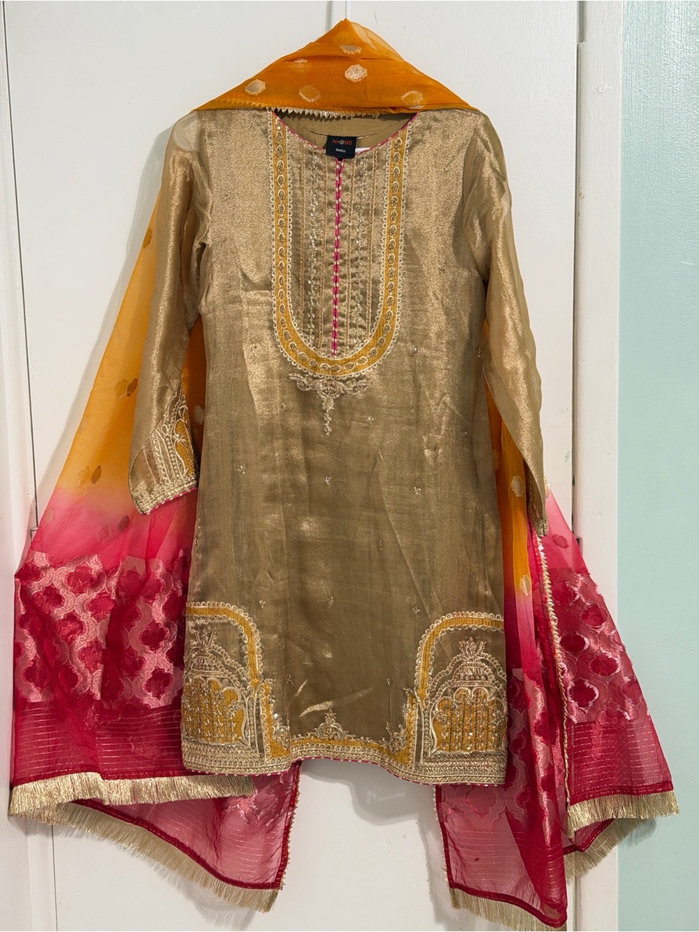 Pakistani Traditional Gold and Pink Girls dress with Dupatta